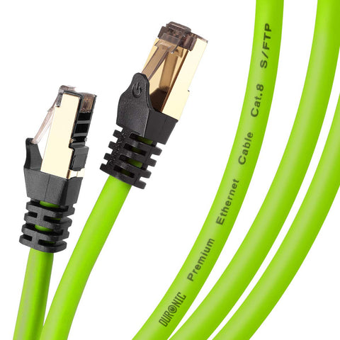 Duronic Green Ethernet Cable 10M featuring gold-plated RJ45 connectors and a durable snagless design for high-speed networking.