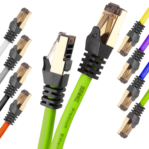 Duronic Green Ethernet Cable 10M featuring gold-plated RJ45 connectors and snagless boots, displayed against a white background.