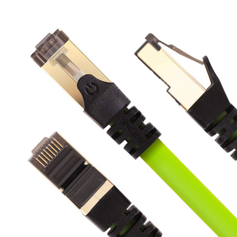 Duronic Green Ethernet Cable 10M with black snagless boots and a flat cable design, shown from three different angles.