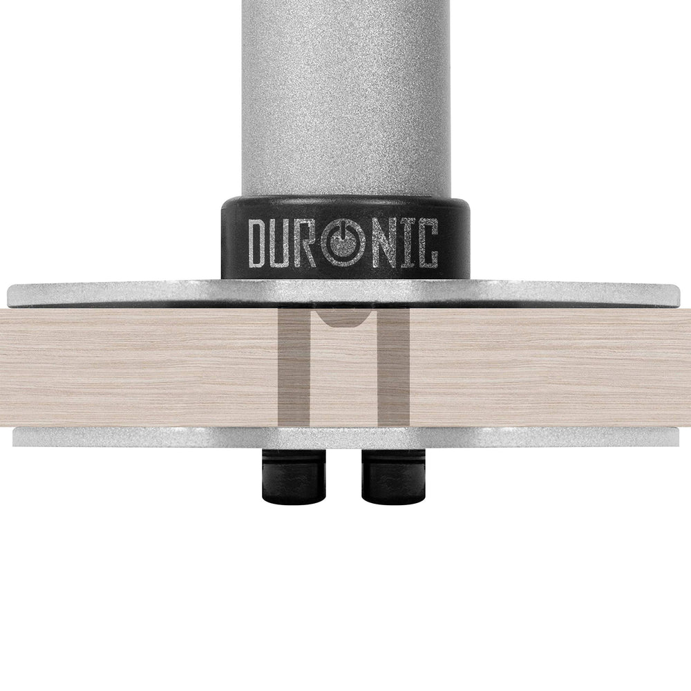 Duronic Grommet mount monitor arm base securely attached through a wooden desk with dual bolts.