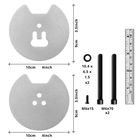 Duronic Grommet with metal mounting plates and bolts kit including two 10cm circular brackets, washers, and M6 screws.