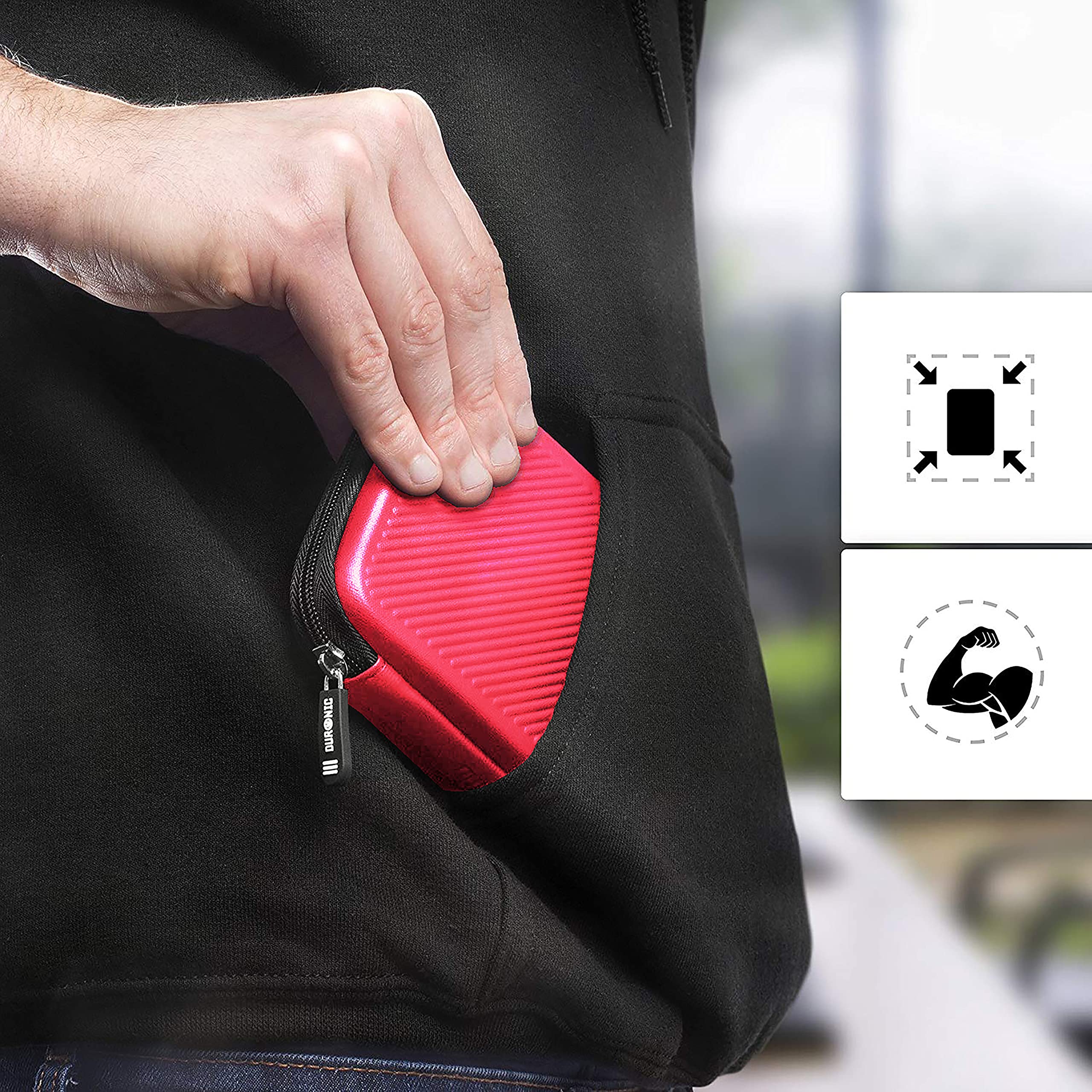 Duronic HDC2 /RD red portable hard drive case being placed in a pocket to show how lightweight and portable it is
