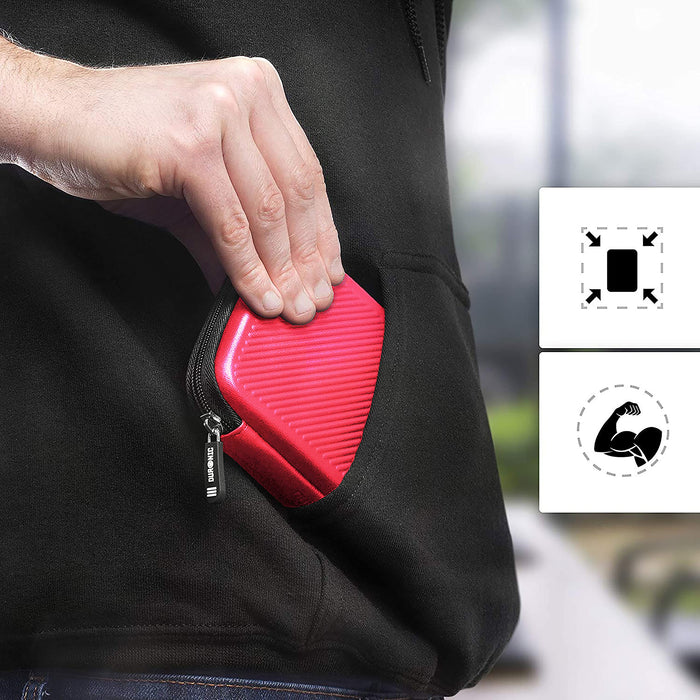 Duronic HDC2 /RD red portable hard drive case being placed in a pocket to show how lightweight and portable it is