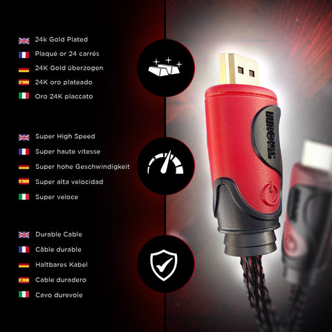Duronic HDMI 2.0 Cable durable braided design, and red-and-black housing.