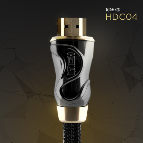Duronic HDMI Cable braided black and gold HDMI cable connector on a dark abstract background.