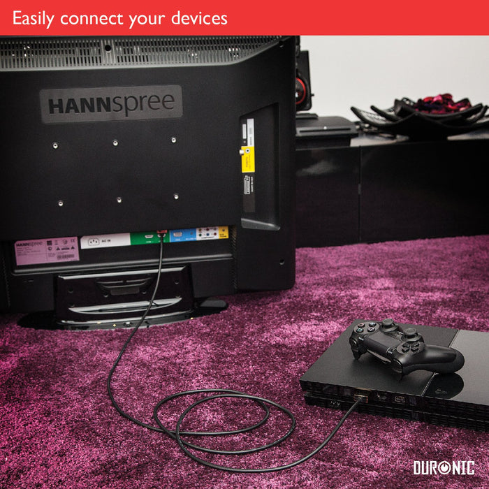 Duronic HDMI Cable connects a PS4 game console to a HANNSpree monitor.