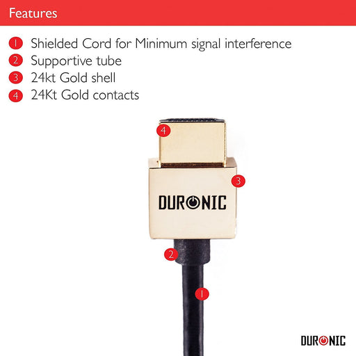 Duronic HDMI Cable featuring gold-plated shell and contacts, supportive tube, and shielded cord for signal quality.