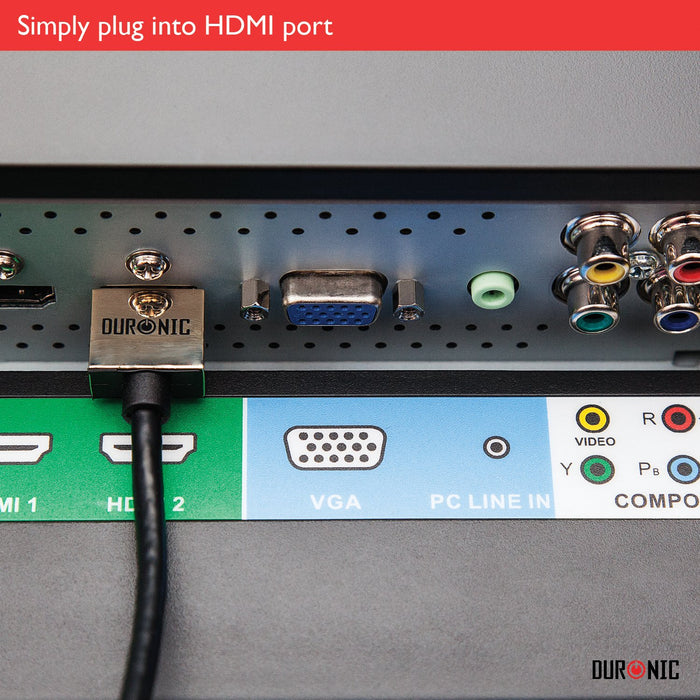 Duronic HDMI Cable plugged into an HDMI port on a television panel.