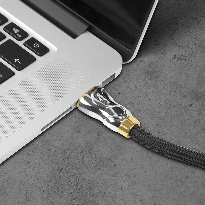 Duronic HDMI Cable with chrome and gold connector plugged into a silver laptop's side port