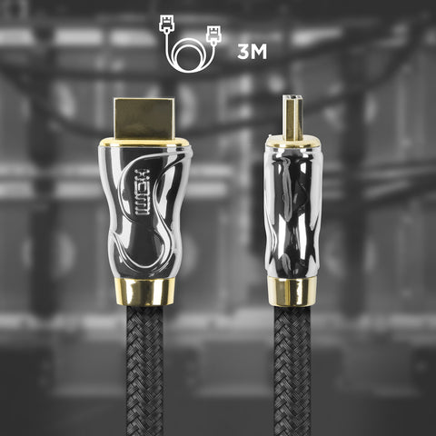 Duronic HDMI Cable with glossy metallic housing and gold-plated connectors shown from front and side.