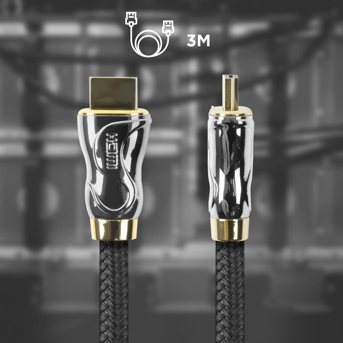 Duronic HDMI Cable with glossy metallic housing and gold-plated connectors shown from front and side.