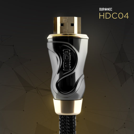 Duronic HDMI Cable with gold-plated connector and sleek black metal housing.