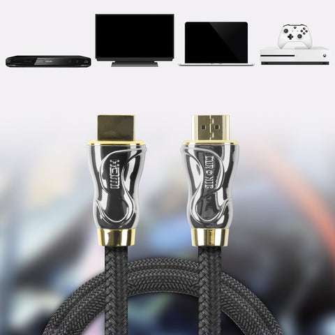 Duronic HDMI Cable with gold-plated connectors shown alongside compatible home entertainment devices.