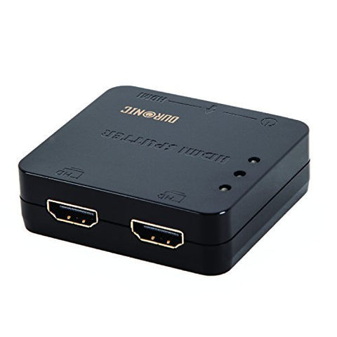 Duronic HDMI Splitter Box, compact black 2-way distribution hub for dual screen display setup, high definition.
