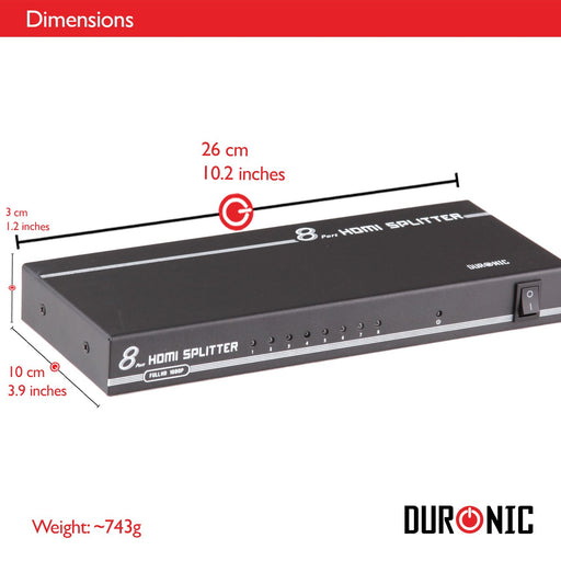 Duronic HDMI Splitter Box showing its dimensions as 26 cm wide, 10 cm deep, and 3 cm high, with a weight of approximately 743g.