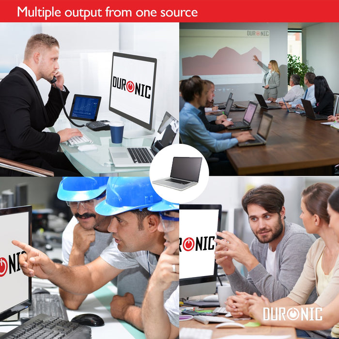 Duronic HDMI Splitter Box with a collage of four professional work environments, including an office, a conference room, and a construction site, demonstrating how one laptop source can provide multiple display outputs.