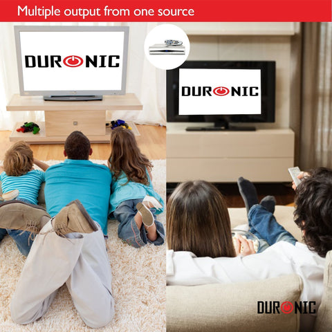 Duronic HDMI Splitter Box with a family watching the same movie on two different TV