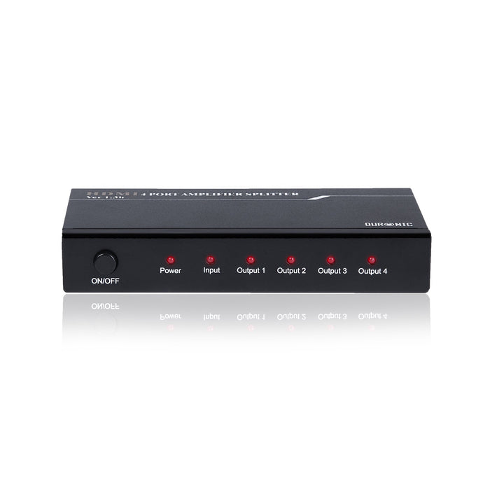 Duronic HDMI Splitter featuring a power button and red LED indicator lights for power, input, and four output channels.
