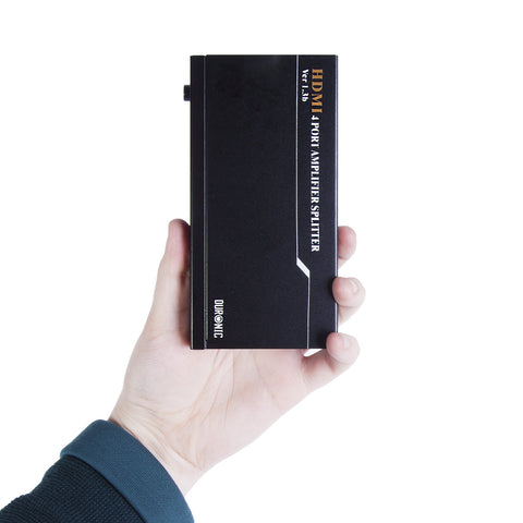 Duronic HDMI Splitter showing its compact size and sleek metal casing.