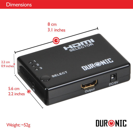 Duronic HDMI Switch Port HDMI showing dimensions of 8cm by 5.6cm and weighing 52 grams.