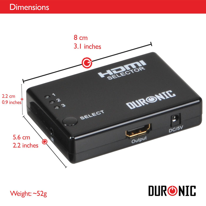 Duronic HDMI Switch Port HDMI showing dimensions of 8cm by 5.6cm and weighing 52 grams.