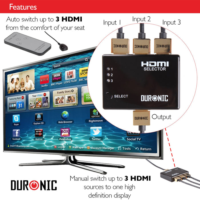 Duronic HDMI Switch Port HDMI with remote control connecting multiple input sources to one TV display.