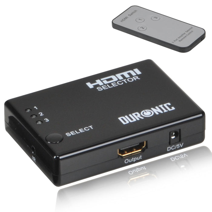 Duronic HDMI Switch Port HDMI with wireless remote control and DC 5V power input.