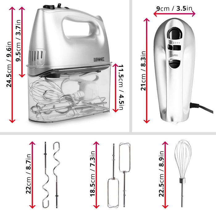 Duronic HM4 SR portable hand mixer dimensions height, length, width, depth and attachments with different settings