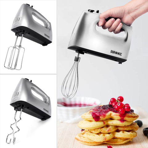 Duronic HM4 SR stainless steel hand mixer mixing ingredients for waffles and toppings with cherries
