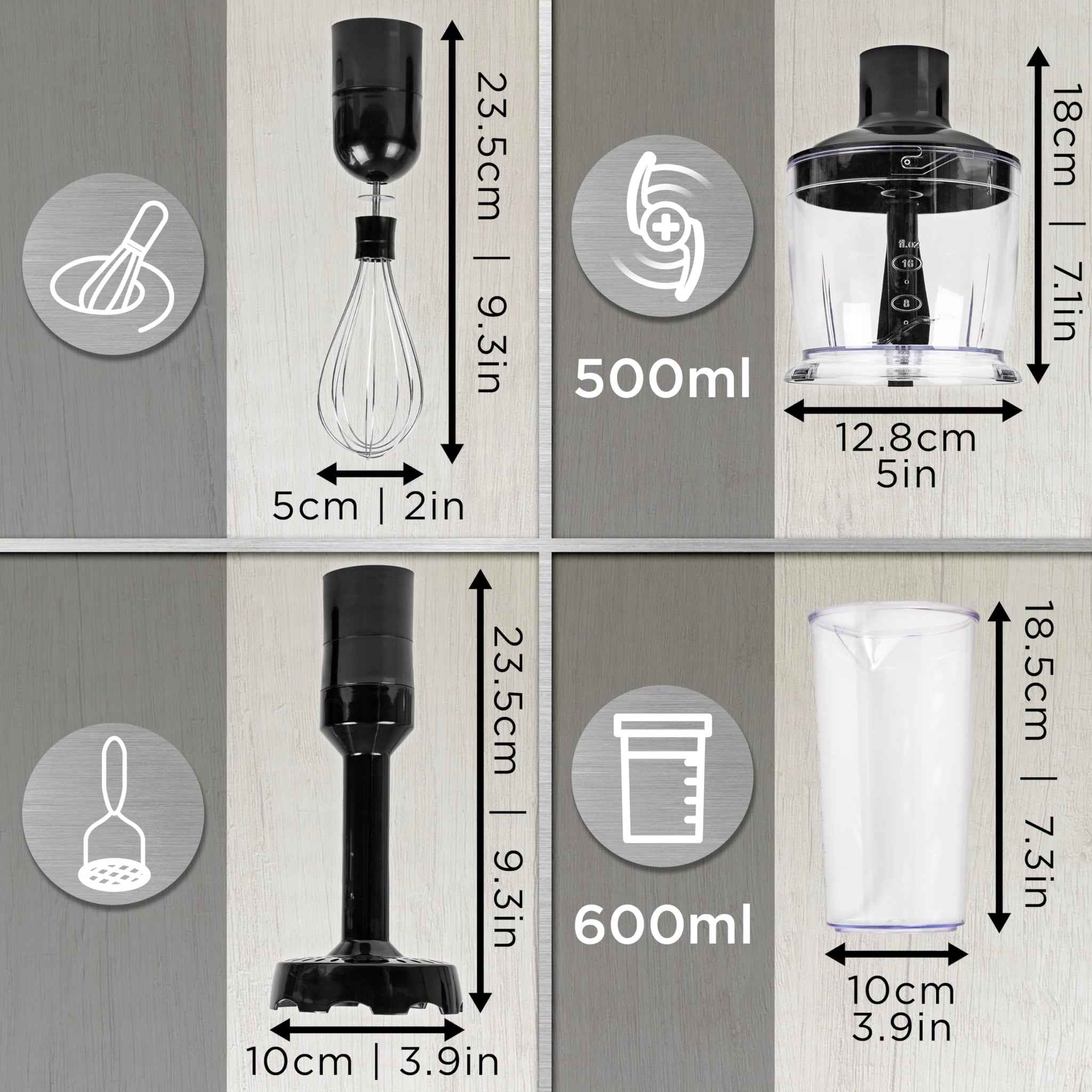 Duronic Hand Blender Accessories four-panel graphic displaying the dimensions and capacities of hand blender attachments, including a whisk, a 500ml chopper bowl, a masher, and a 600ml beaker with both metric and imperial measurements.