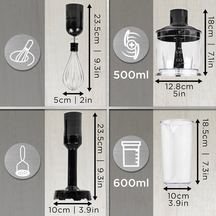 Duronic Hand Blender Accessories four-panel graphic displaying the dimensions and capacities of hand blender attachments, including a whisk, a 500ml chopper bowl, a masher, and a 600ml beaker with both metric and imperial measurements.