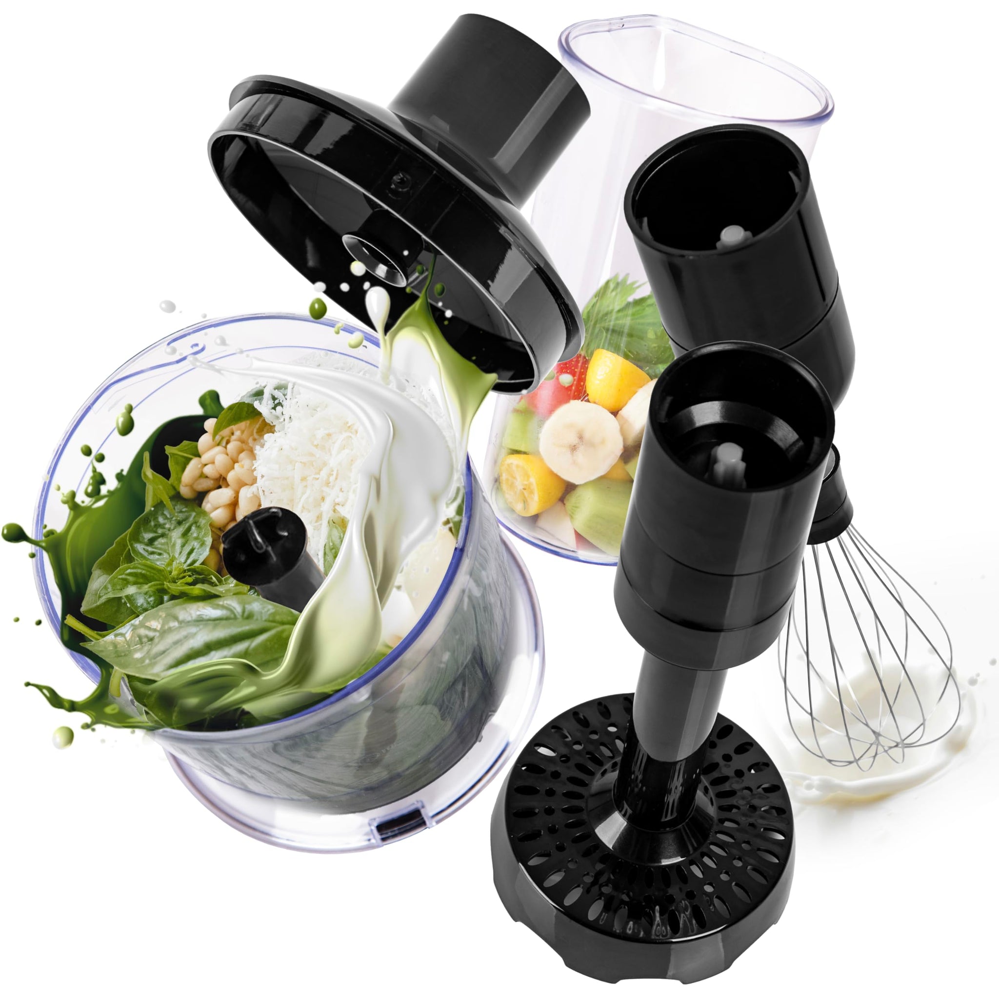 Duronic Hand Blender Accessories including a food processor bowl with fresh ingredients, a whisk, a frother, and a smoothie beaker, shown with dynamic splashes of cream and pesto.