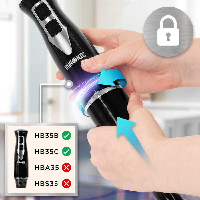 Duronic Hand Blender Accessories with a person demonstrates how to twist and lock the motor unit