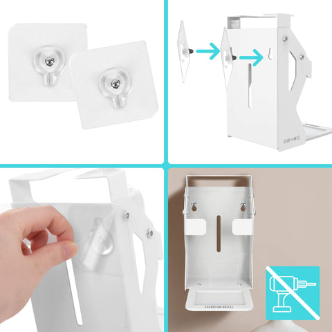 Duronic Hand Gel Wall-Mounted Dispenser showing a drill-free, easy setup process.