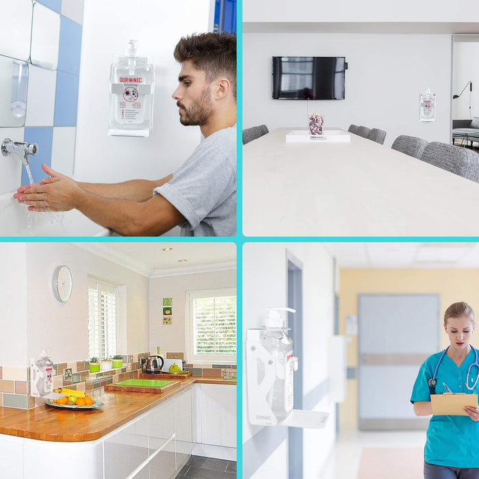 Duronic Hand Gel Wall-Mounted Dispenser shown in a bathroom, office, kitchen, and hospital for easy access.