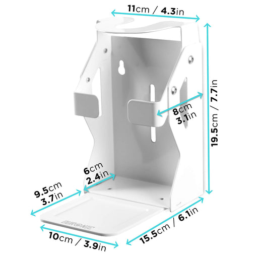 Duronic Hand Gel Wall-Mounted Dispenser with detailed dimensions in centimeters and inches for product sizing specifications.