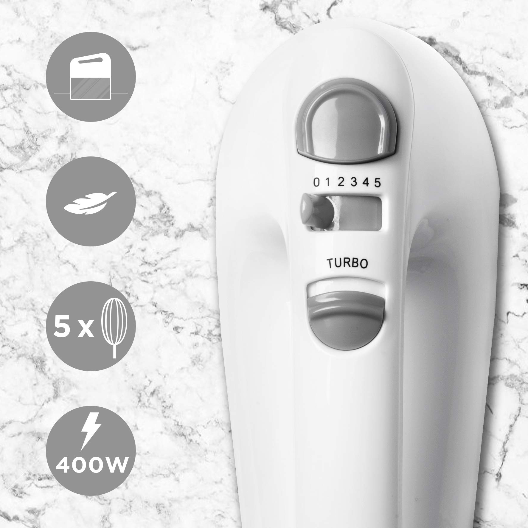 Duronic Hand Mixer Electric Whisk featuring speed controls, turbo button, and 400W power icon.