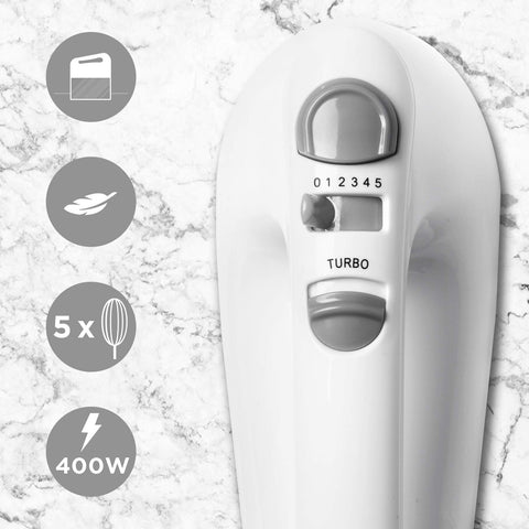 Duronic Hand Mixer Electric Whisk featuring speed controls, turbo button, and 400W power icon.