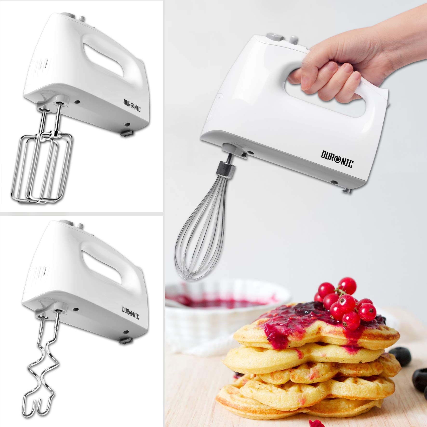 Duronic Hand Mixer Electric Whisk showing three attachment options: traditional beaters, dough hooks, and balloon whisk.