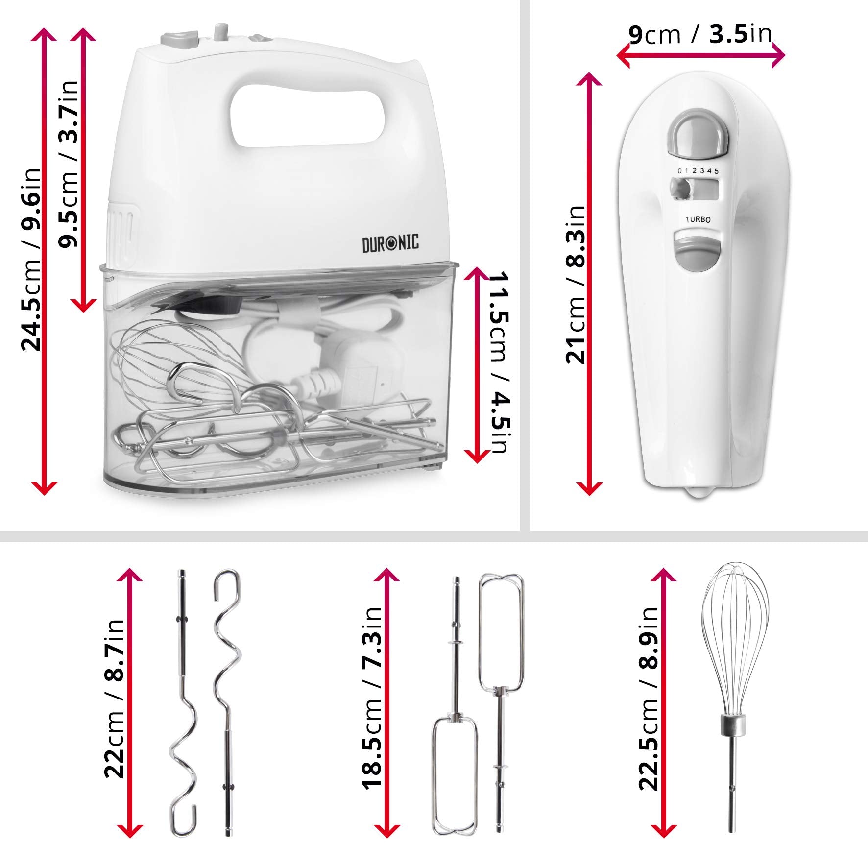 Duronic Hand Mixer Electric Whisk with clear storage case, dimensions, beaters, dough hooks, and whisk.