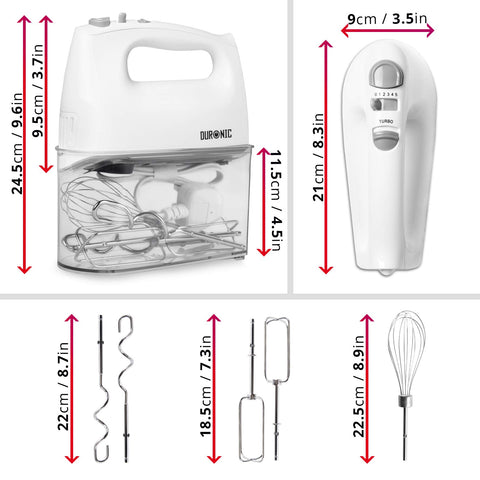 Duronic Hand Mixer Electric Whisk with clear storage case, dimensions, beaters, dough hooks, and whisk.