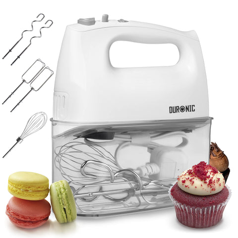 Duronic Hand Mixer Electric Whisk with storage case, beaters, dough hooks, balloon whisk, and pastries.