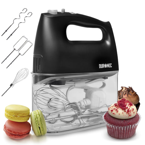 Duronic Hand Mixer Electric Whisk with storage case, beaters, dough hooks, whisk, and cupcakes. 