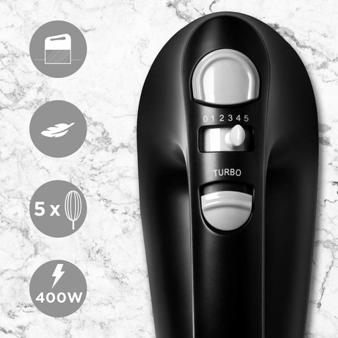 Duronic Hand Mixer Electric with 5 speed controls, turbo button, and feature icons.