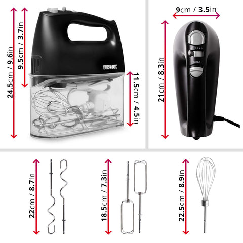 Duronic Hand Mixer Electric with clear storage case, dimensions, dough hooks, beaters, and a balloon whisk.