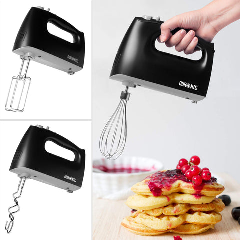 Duronic Hand Mixer Electric with three attachments: beaters, dough hooks, and a balloon whisk.