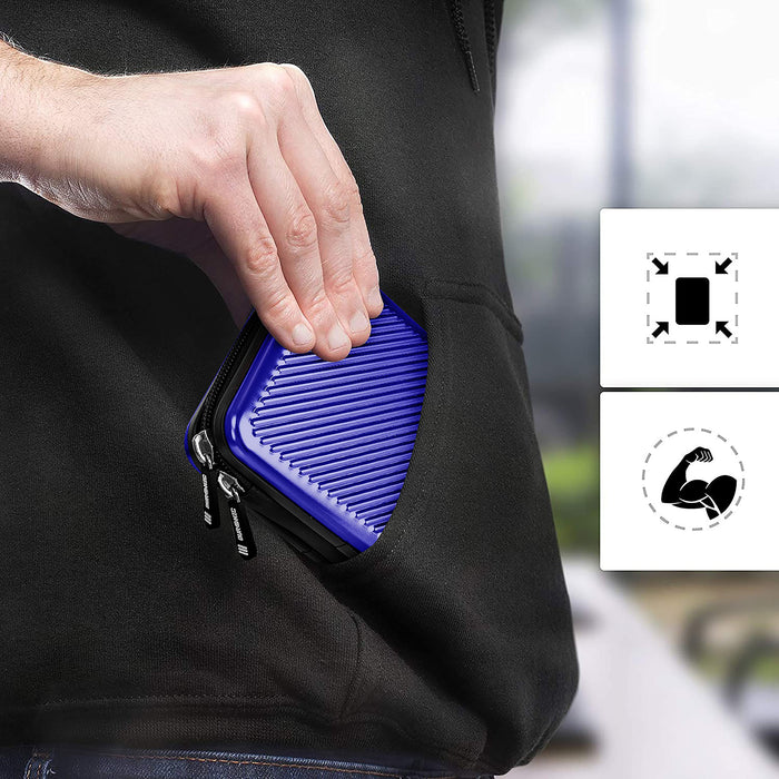Duronic Hard Drive Case HDC3 into a black hoodie pocket, highlighting its portable and protective design.