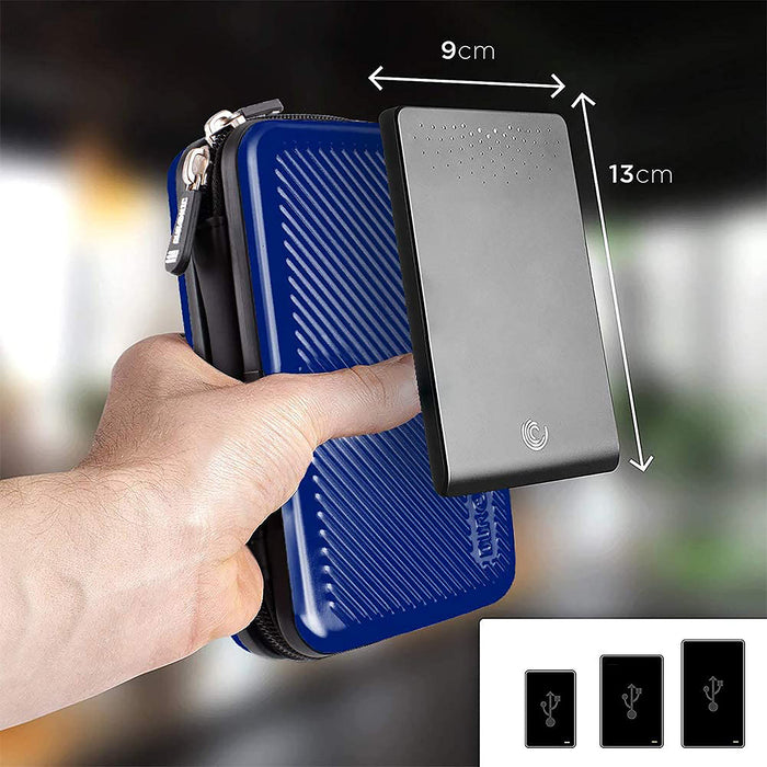 Duronic Hard Drive Case HDC3 next to a grey external hard drive with dimensions of 13cm by 9cm by 1.5cm shown.