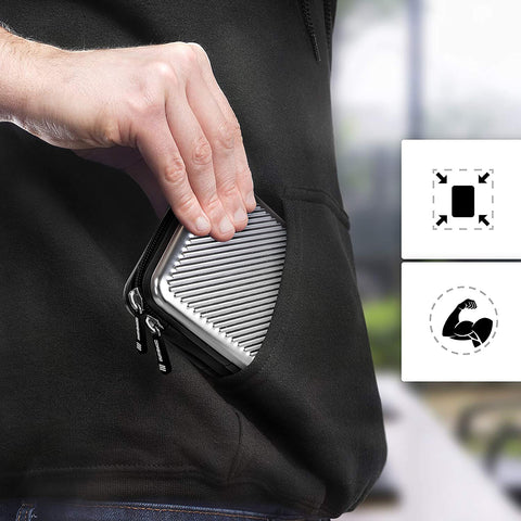 Duronic Hard Drive Case with person placing it into a black hoodie pocket.