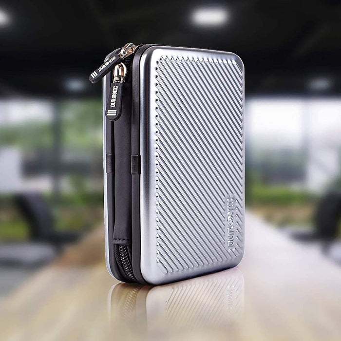 Duronic Hard Drive Case with zipper closure, standing upright on a glossy surface.